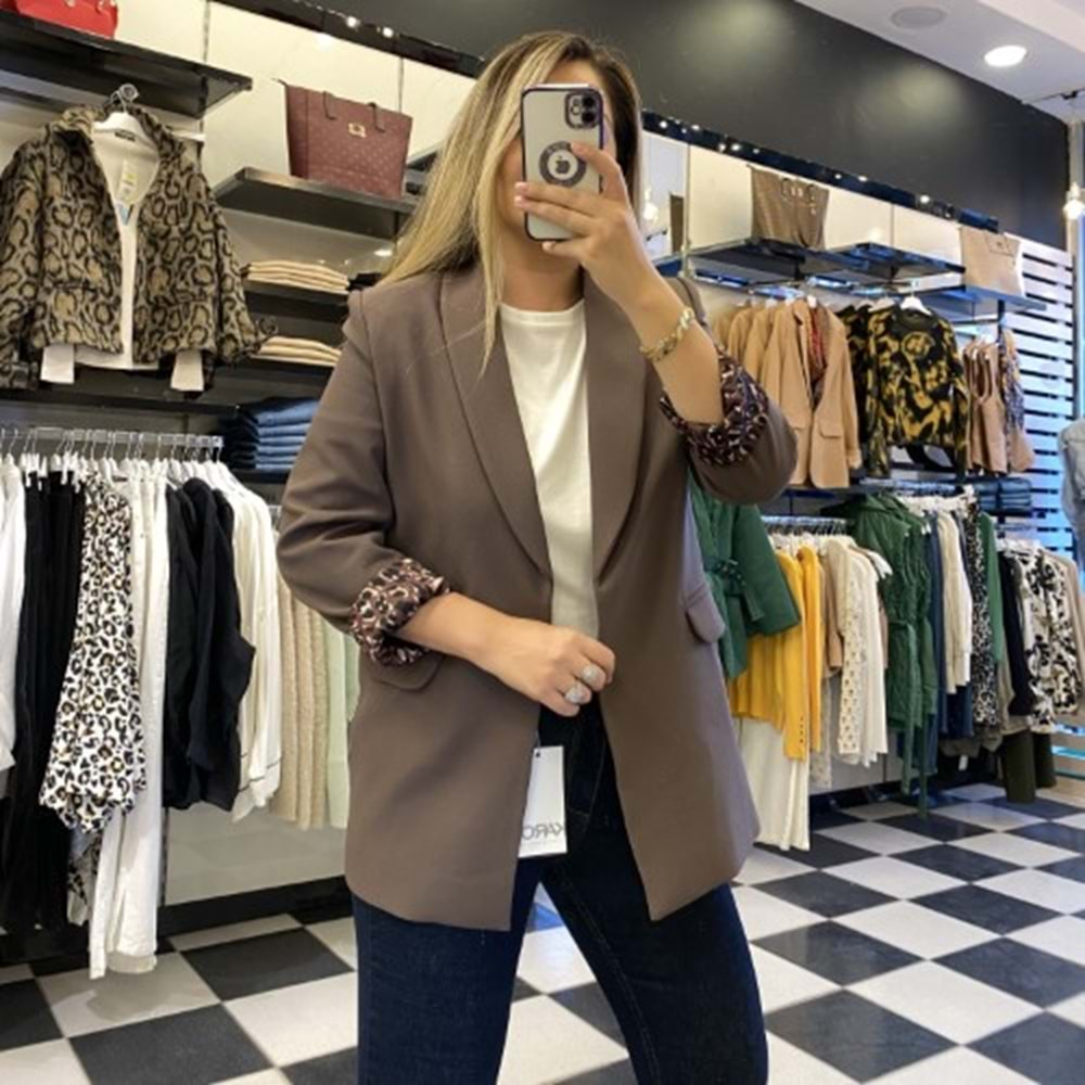 Blazer Ceket Astarı Leopar Desen Kahverengi - L