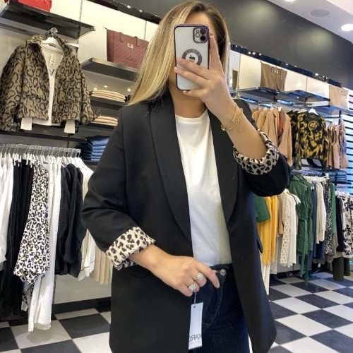 Blazer Ceket Astarı Leopar Desen Siyah